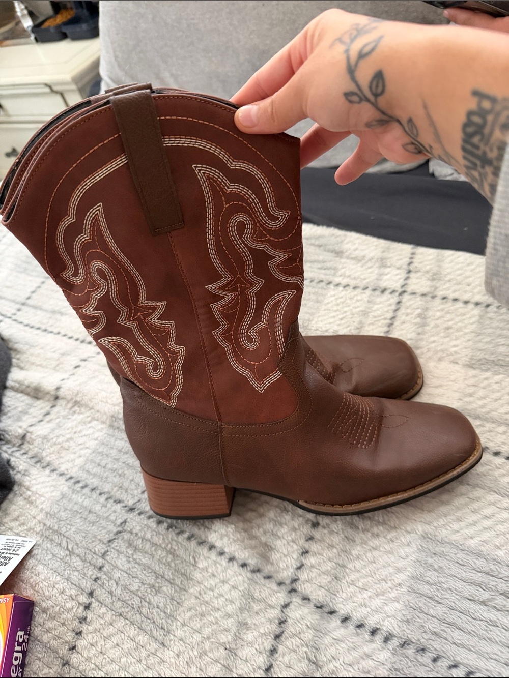 Brown Kids Cowboy Boots with Embroidered Shaft